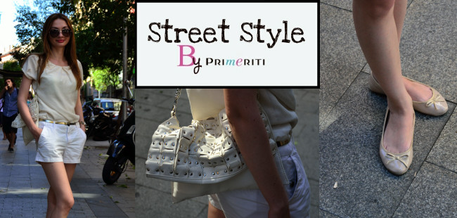 Street Style by Primeriti: Shorts blancos + bolso con tachuelas