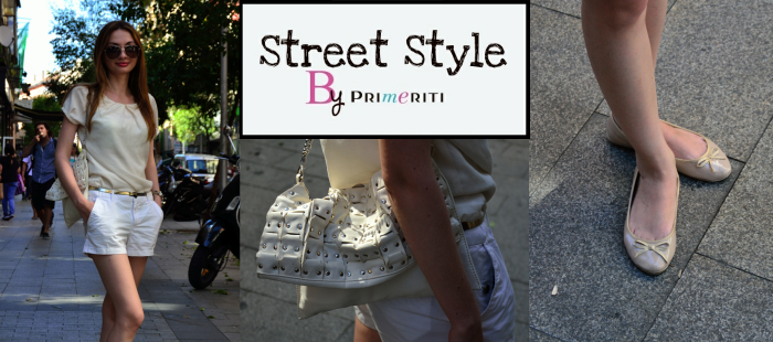 Street Style by Primeriti: Shorts blancos + bolso con tachuelas