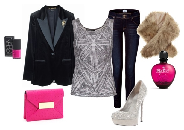 Chaqueta de esmoquin y top plateado
