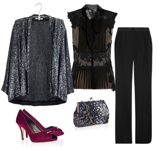 Blusa negra de encaje y pantalón de esmoquin