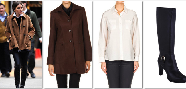 Copia el look de Olivia: abrigo chocolate + camisa masculina