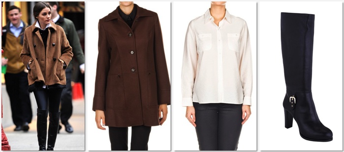 Copia el look de Olivia: abrigo chocolate + camisa masculina