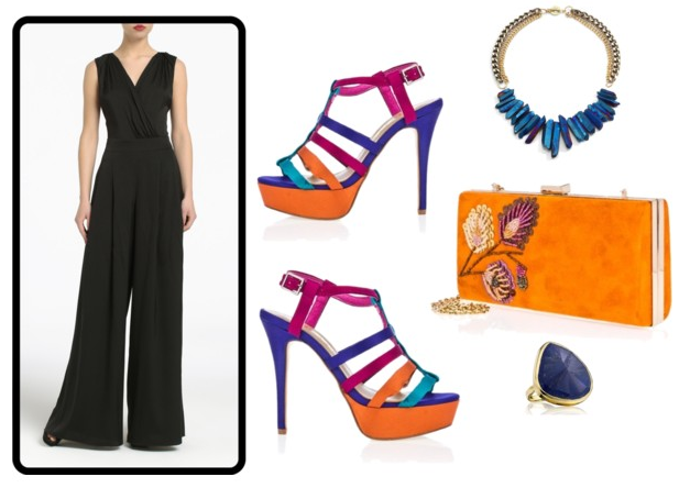 Tu estilista mono negro de fiesta y complementos de colores