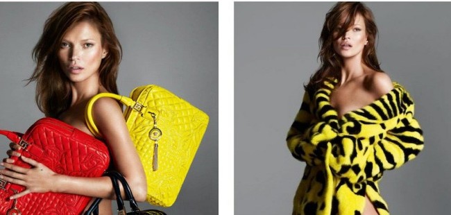 Kate Moss se tiñe de morena y posa «vestida» solo con bolsos para Versace