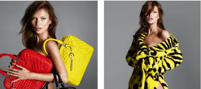 Kate Moss se tiñe de morena y posa «vestida» solo con bolsos para Versace